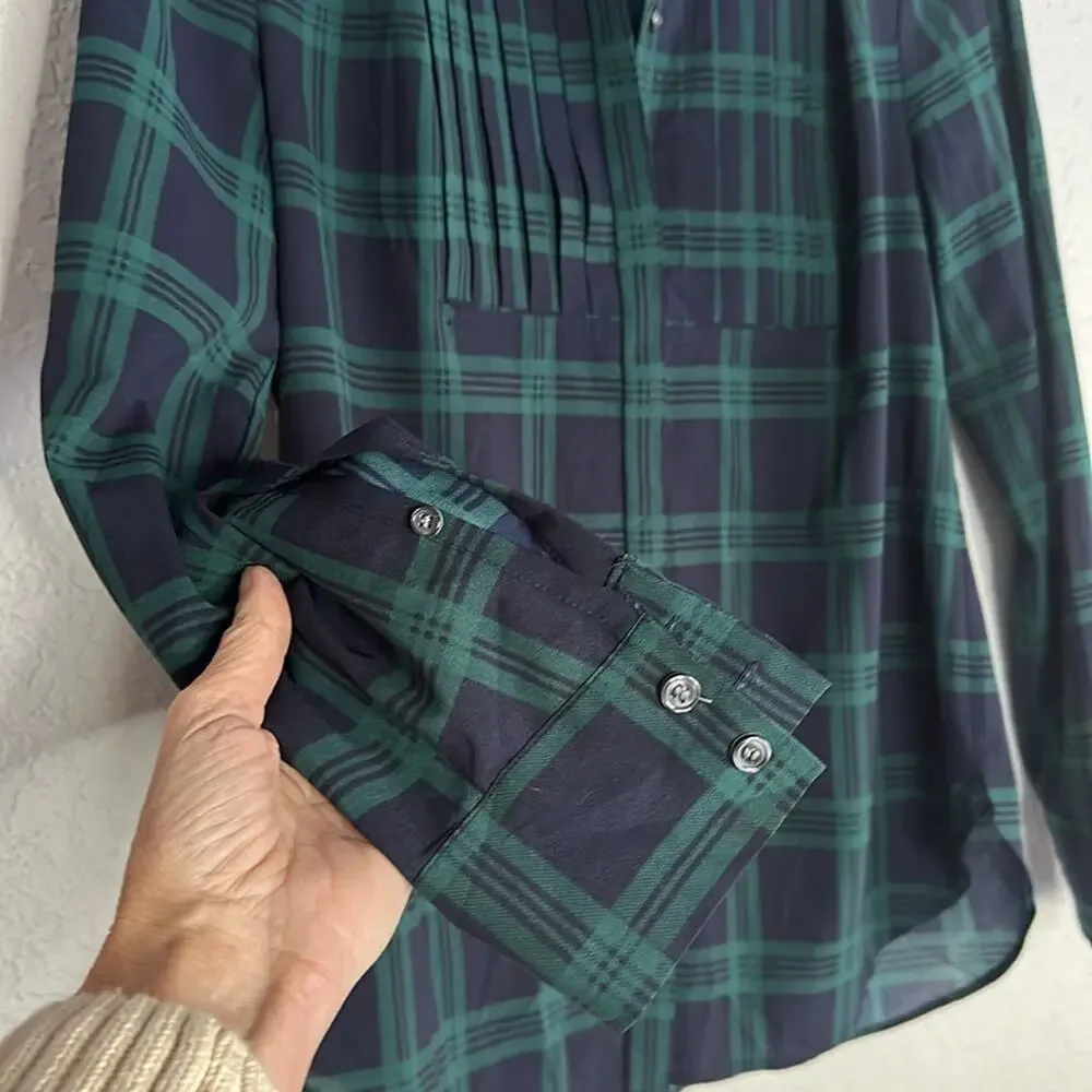 Vintage J.Crew Navy Plaid Tuxedo Bib Blouse Preppy Classic Academia Small